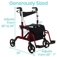 Vive Compact Folding Wheelchair/Rollator, walk, ride, rest, Dual Brakes